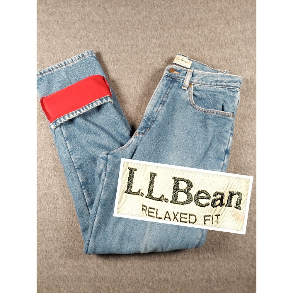 Vintage LL Bean Flannel Lined Jeans Womens 12 Tall Blue Relaxed Fit High Rise